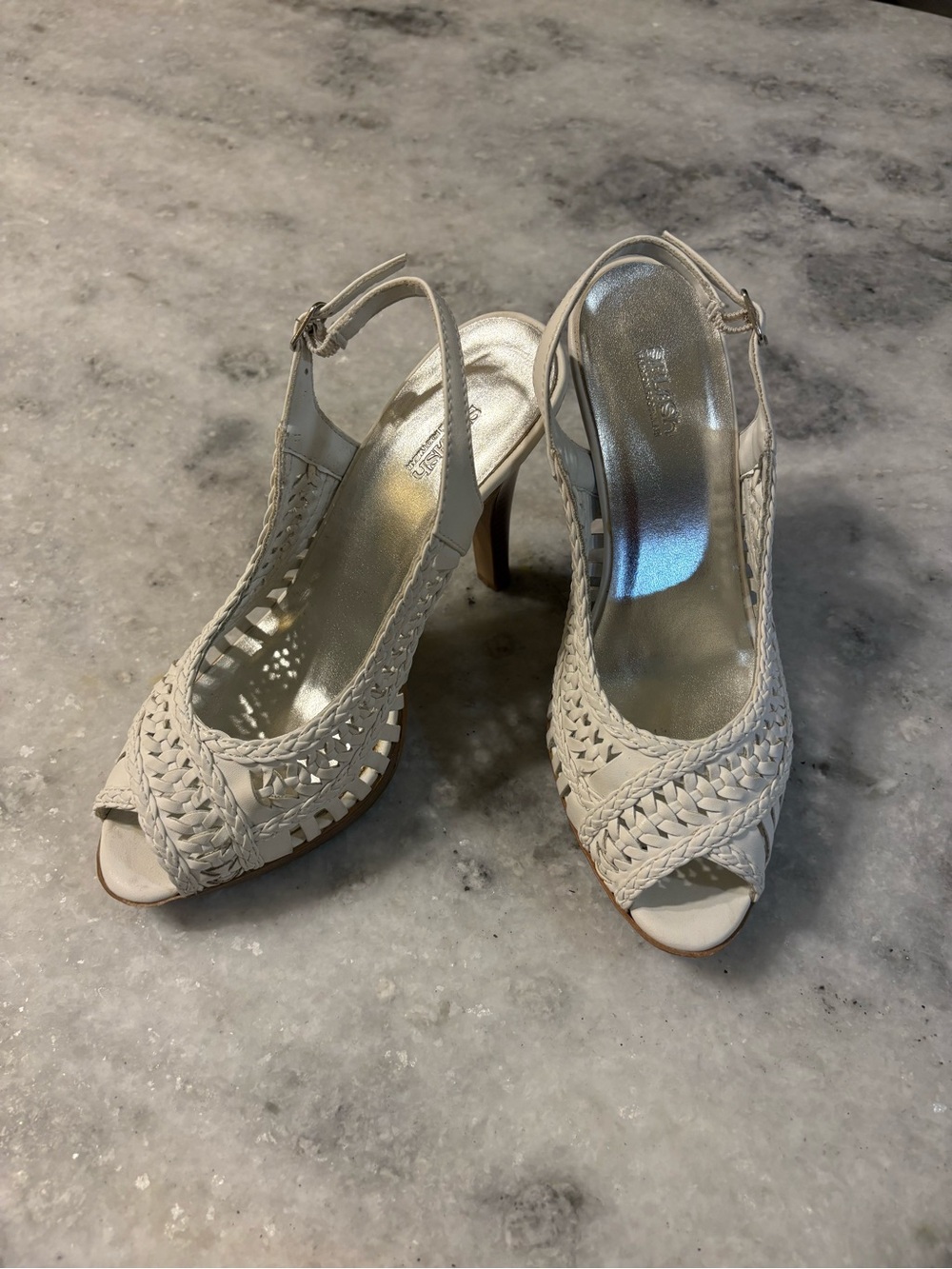 Woven Peep-Toe Slingback Heels in White